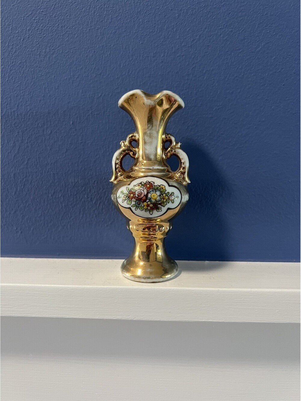 Vintage  Porcelain Miniature Vase 4"  Tall Metallic Gold with Flowers